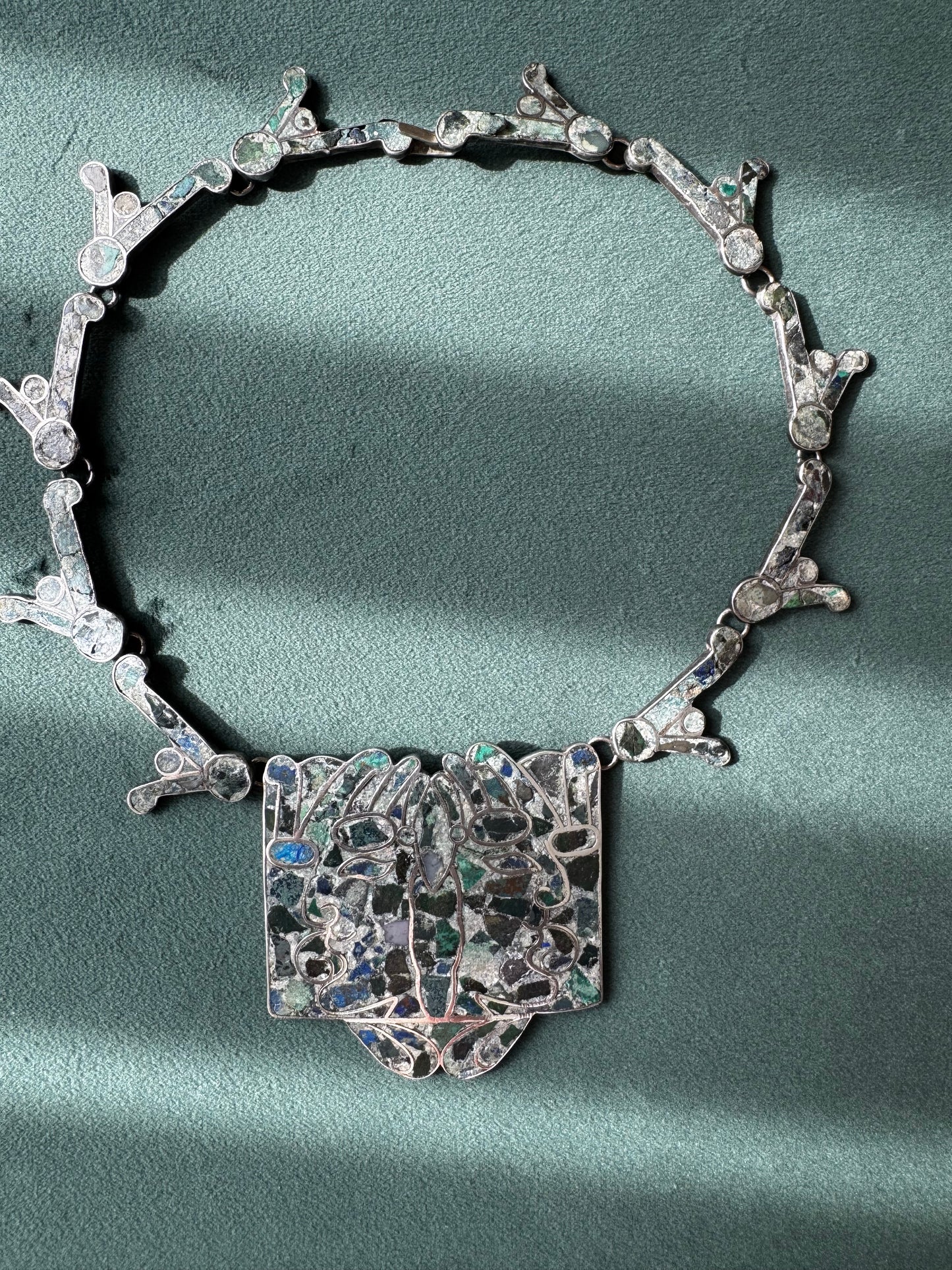 Estate Vintage Mexican Sterling Silver Mosaic Inlay Necklace Bracelet Convertible Set Pre-Columbian Figure Motif Hecho en Mexico D.F.