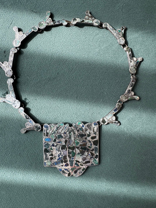 Estate Vintage Mexican Sterling Silver Mosaic Inlay Necklace Bracelet Convertible Set Pre-Columbian Figure Motif Hecho en Mexico D.F.