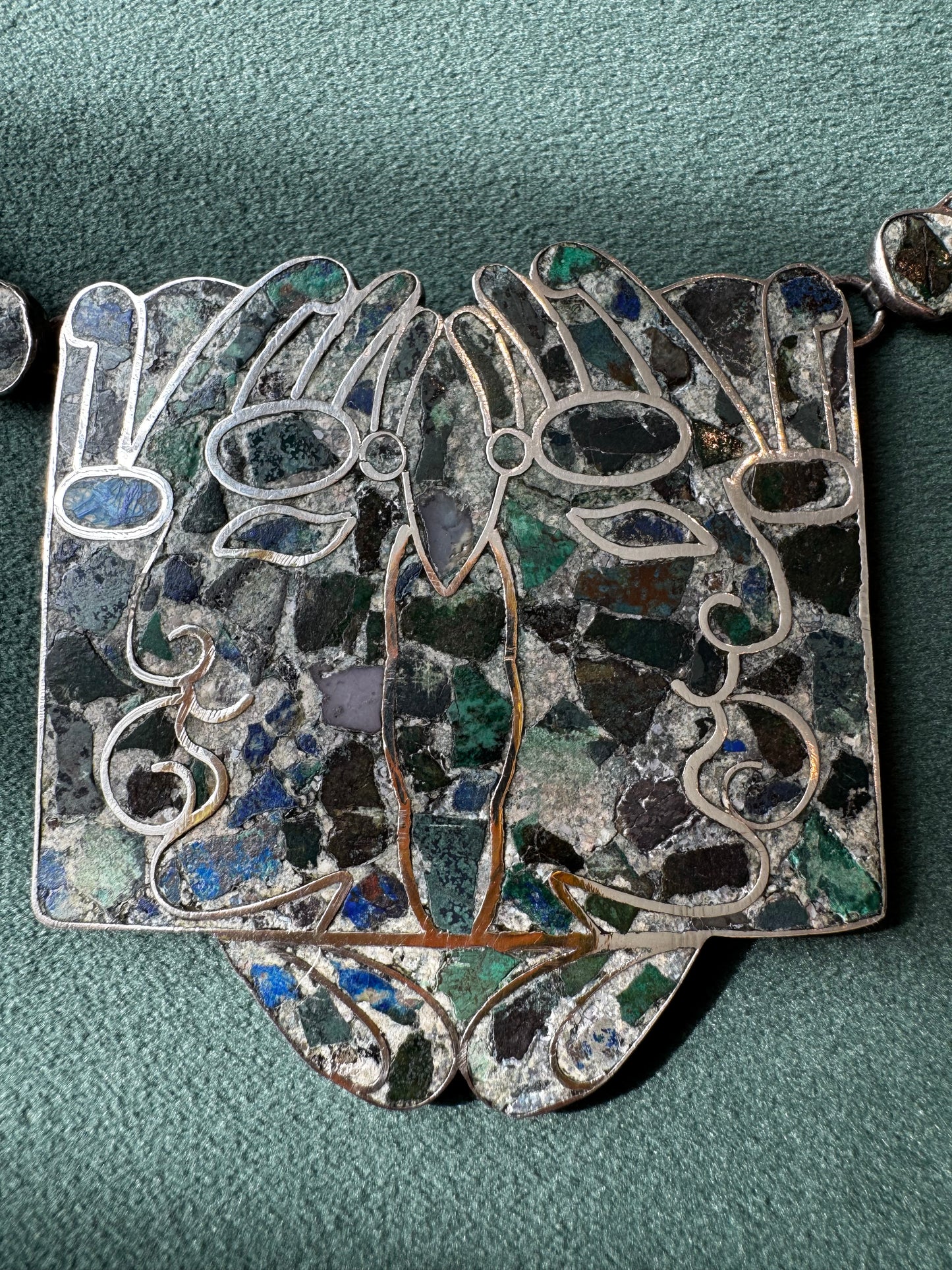 Estate Vintage Mexican Sterling Silver Mosaic Inlay Necklace Bracelet Convertible Set Pre-Columbian Figure Motif Hecho en Mexico D.F.