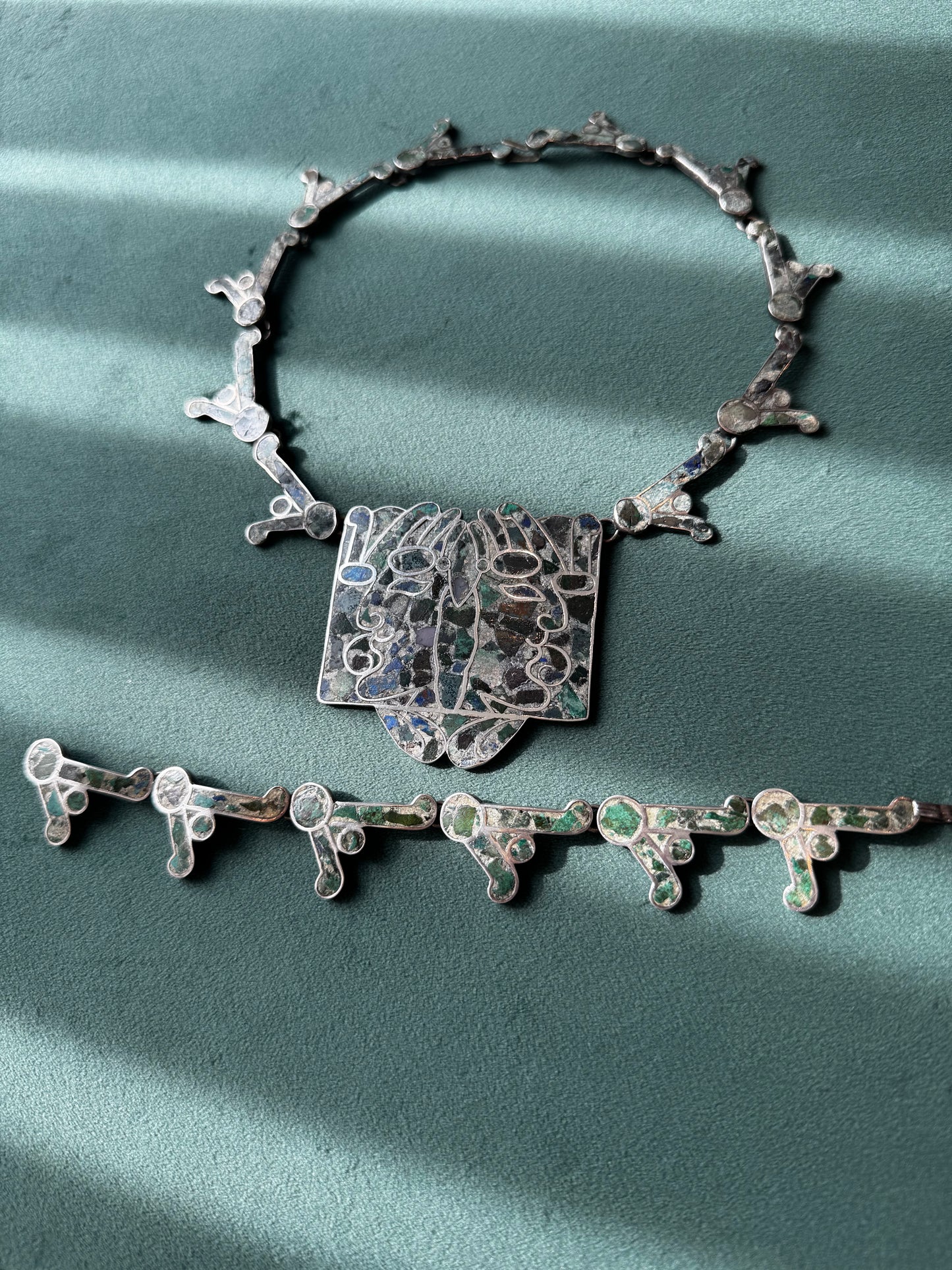Estate Vintage Mexican Sterling Silver Mosaic Inlay Necklace Bracelet Convertible Set Pre-Columbian Figure Motif Hecho en Mexico D.F.