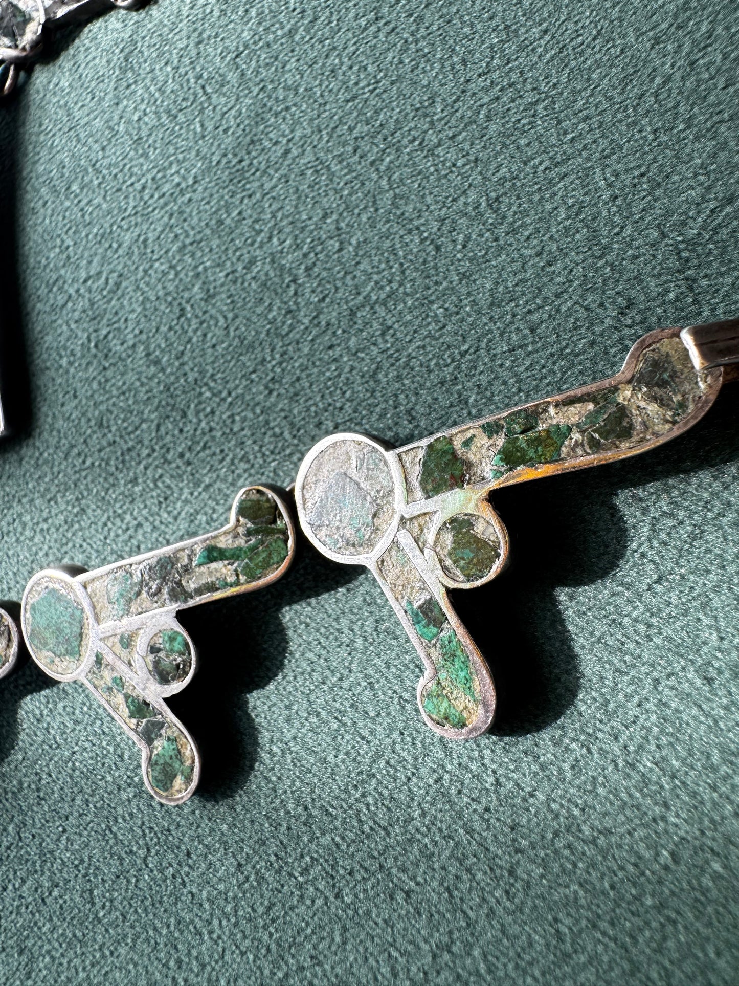 Estate Vintage Mexican Sterling Silver Mosaic Inlay Necklace Bracelet Convertible Set Pre-Columbian Figure Motif Hecho en Mexico D.F.