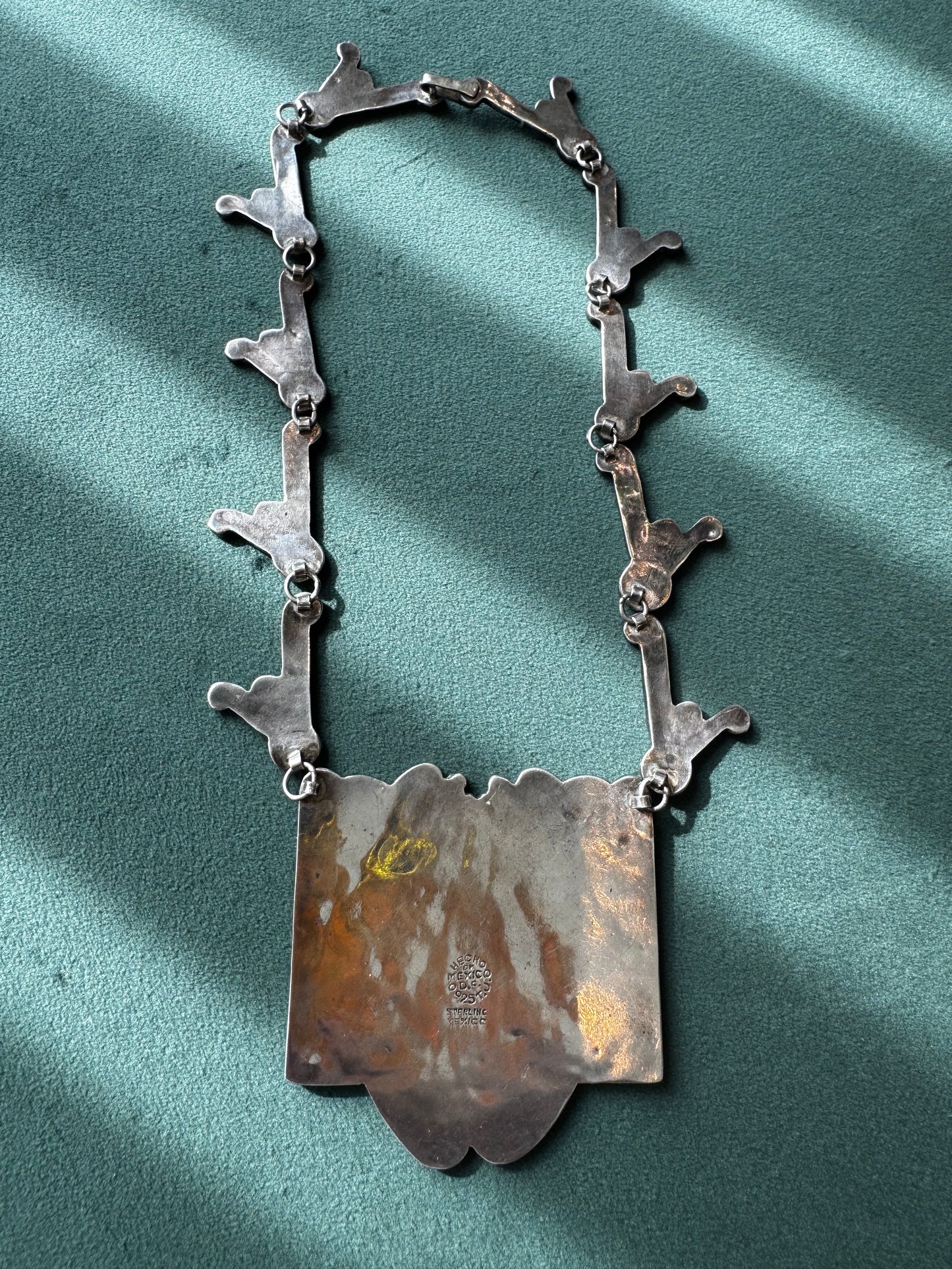Estate Vintage Mexican Sterling Silver Mosaic Inlay Necklace Bracelet Convertible Set Pre-Columbian Figure Motif Hecho en Mexico D.F.