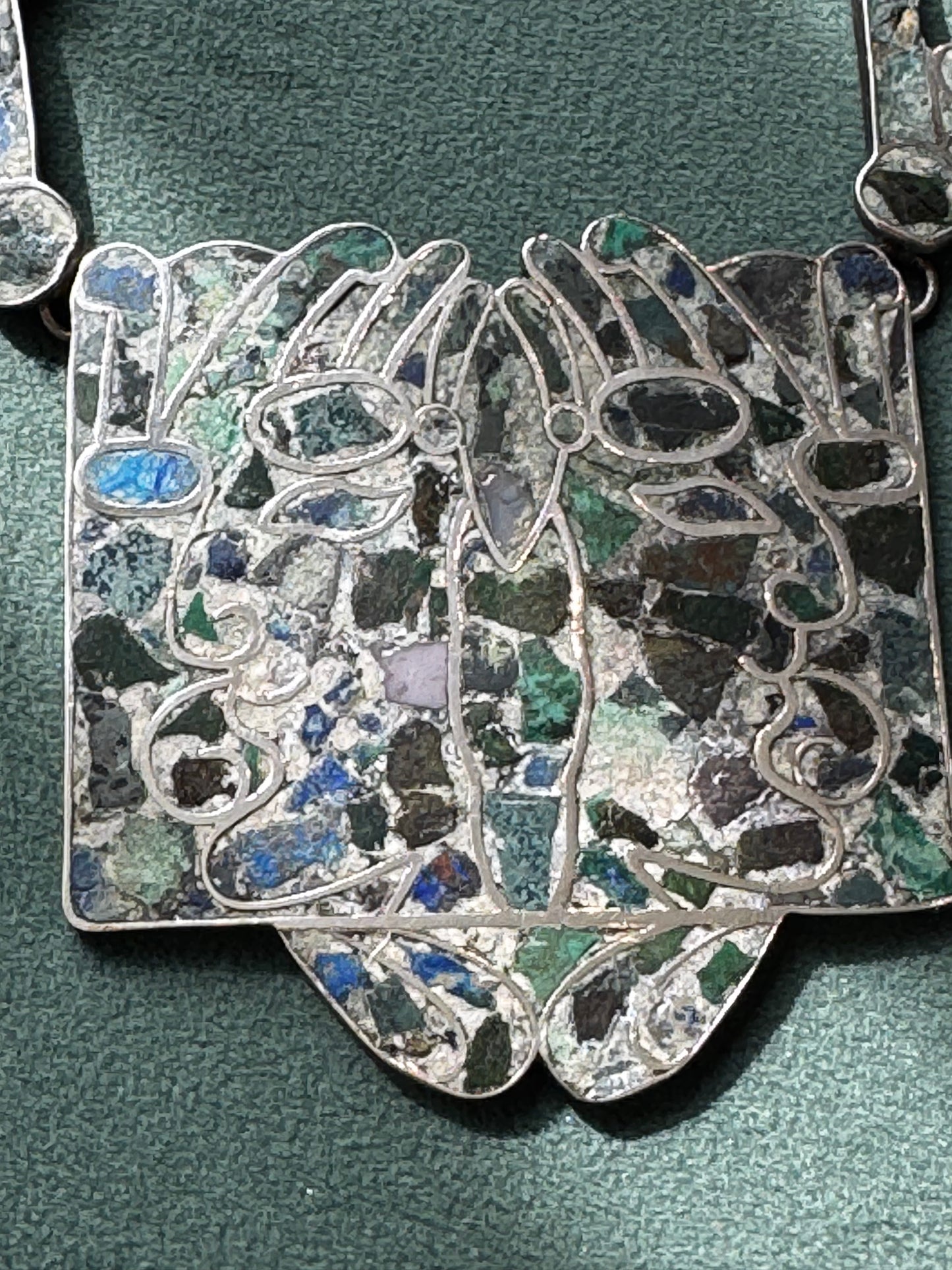 Estate Vintage Mexican Sterling Silver Mosaic Inlay Necklace Bracelet Convertible Set Pre-Columbian Figure Motif Hecho en Mexico D.F.