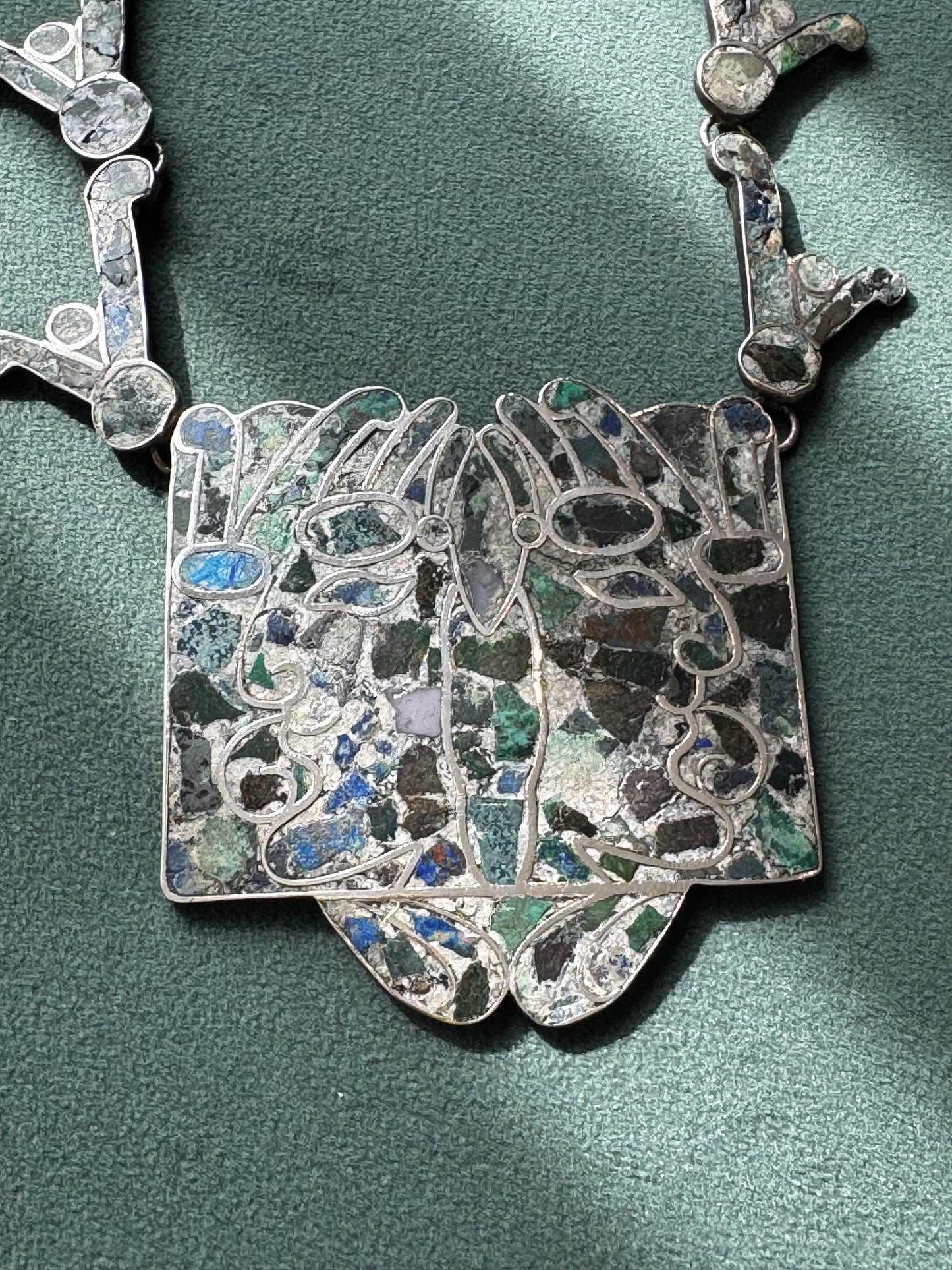 Estate Vintage Mexican Sterling Silver Mosaic Inlay Necklace Bracelet Convertible Set Pre-Columbian Figure Motif Hecho en Mexico D.F.