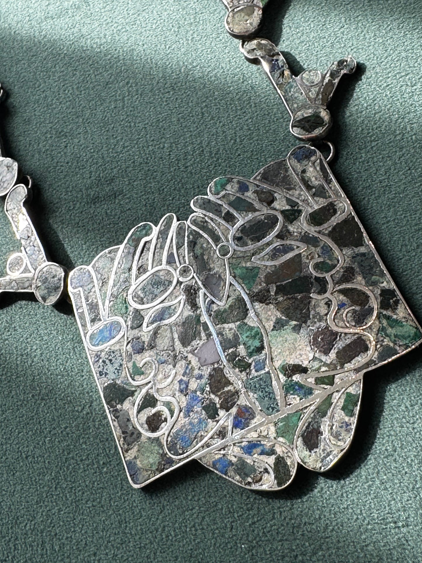 Estate Vintage Mexican Sterling Silver Mosaic Inlay Necklace Bracelet Convertible Set Pre-Columbian Figure Motif Hecho en Mexico D.F.