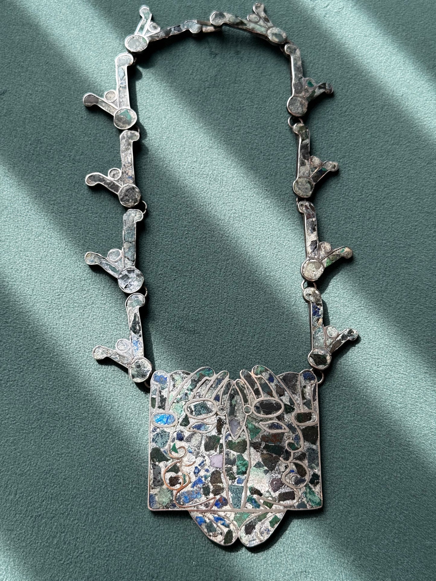 Estate Vintage Mexican Sterling Silver Mosaic Inlay Necklace Bracelet Convertible Set Pre-Columbian Figure Motif Hecho en Mexico D.F.