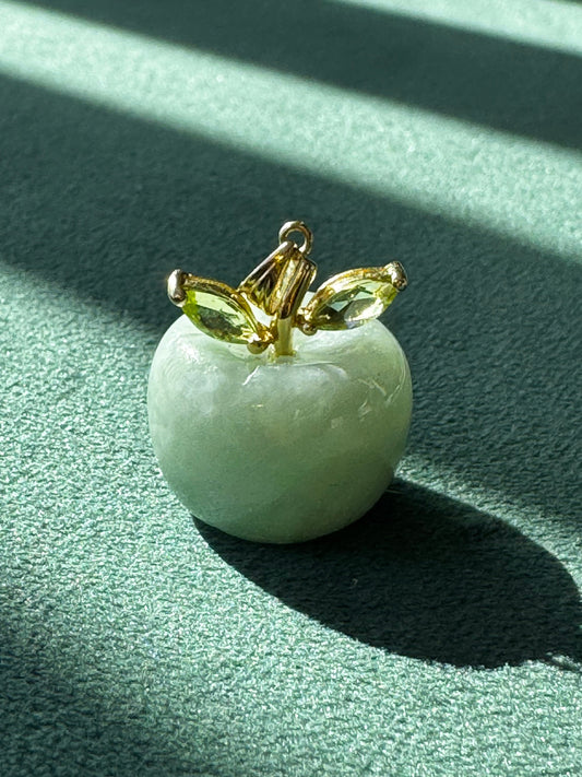 Estate Carved Green Jade Apple Pendant 10K Gold Peridot Leaves Fruit Charm Garden Lover Gift