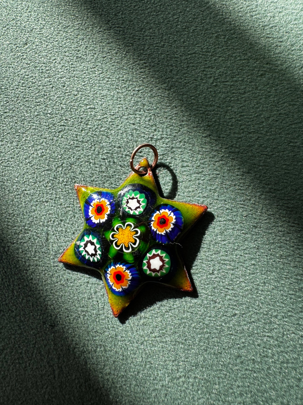 Vintage Millefiori Glass Star of David Pendant Enamel on Copper Seven Glass Flowers in Chartreuse Green Judaica