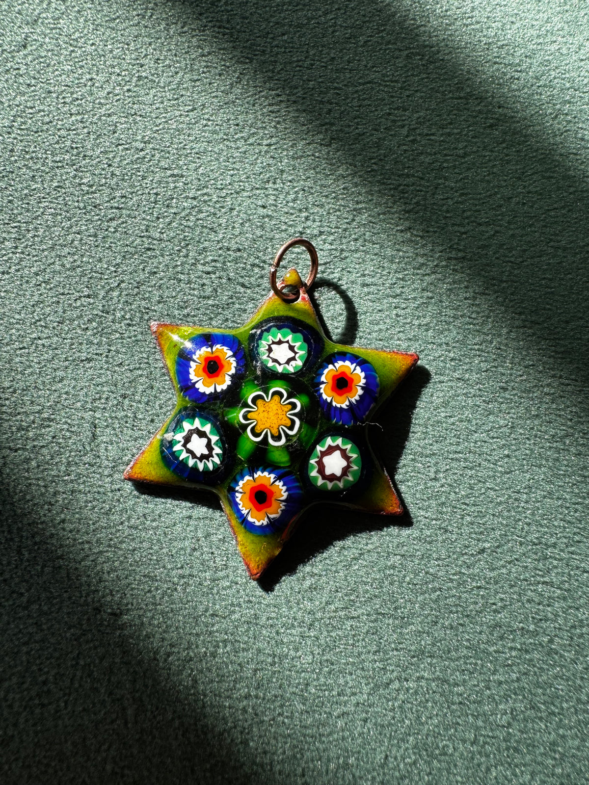 Vintage Millefiori Glass Star of David Pendant Enamel on Copper Seven Glass Flowers in Chartreuse Green Judaica