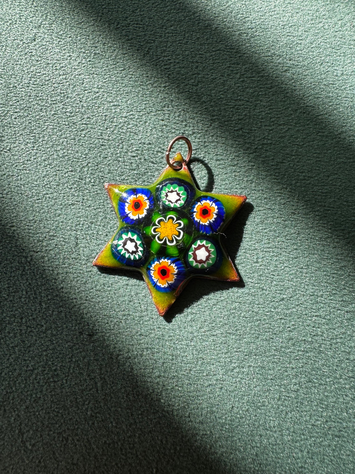 Vintage Millefiori Glass Star of David Pendant Enamel on Copper Seven Glass Flowers in Chartreuse Green Judaica