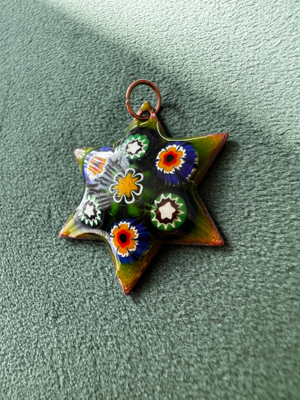 Vintage Millefiori Glass Star of David Pendant Enamel on Copper Seven Glass Flowers in Chartreuse Green Judaica