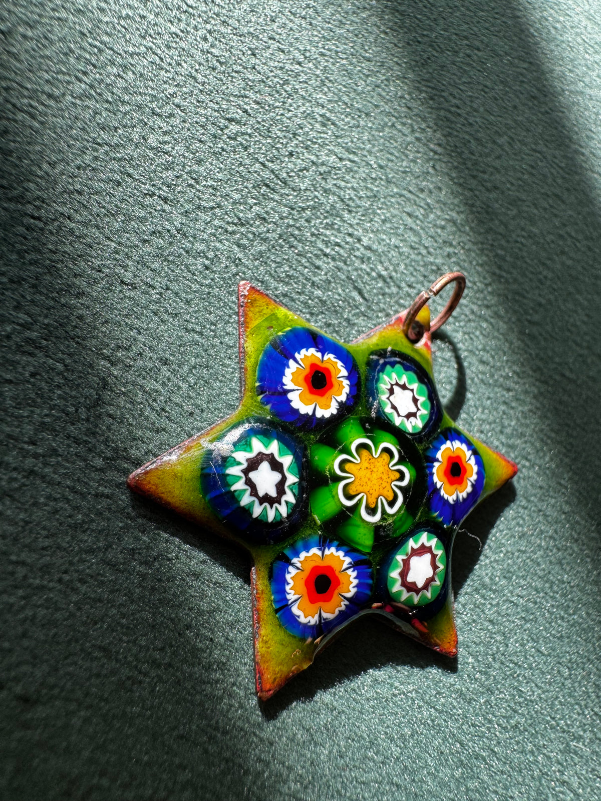 Vintage Millefiori Glass Star of David Pendant Enamel on Copper Seven Glass Flowers in Chartreuse Green Judaica