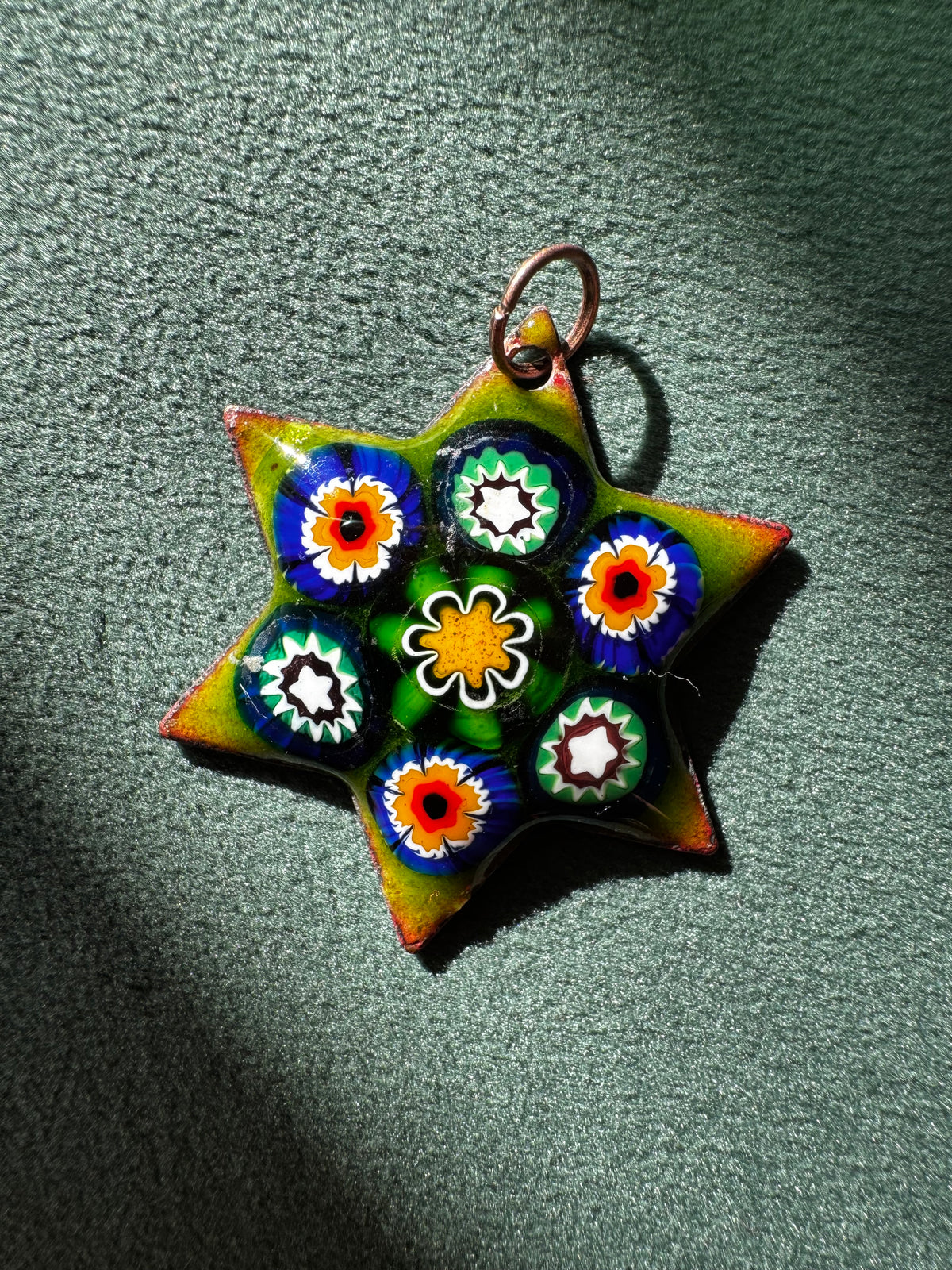 Vintage Millefiori Glass Star of David Pendant Enamel on Copper Seven Glass Flowers in Chartreuse Green Judaica