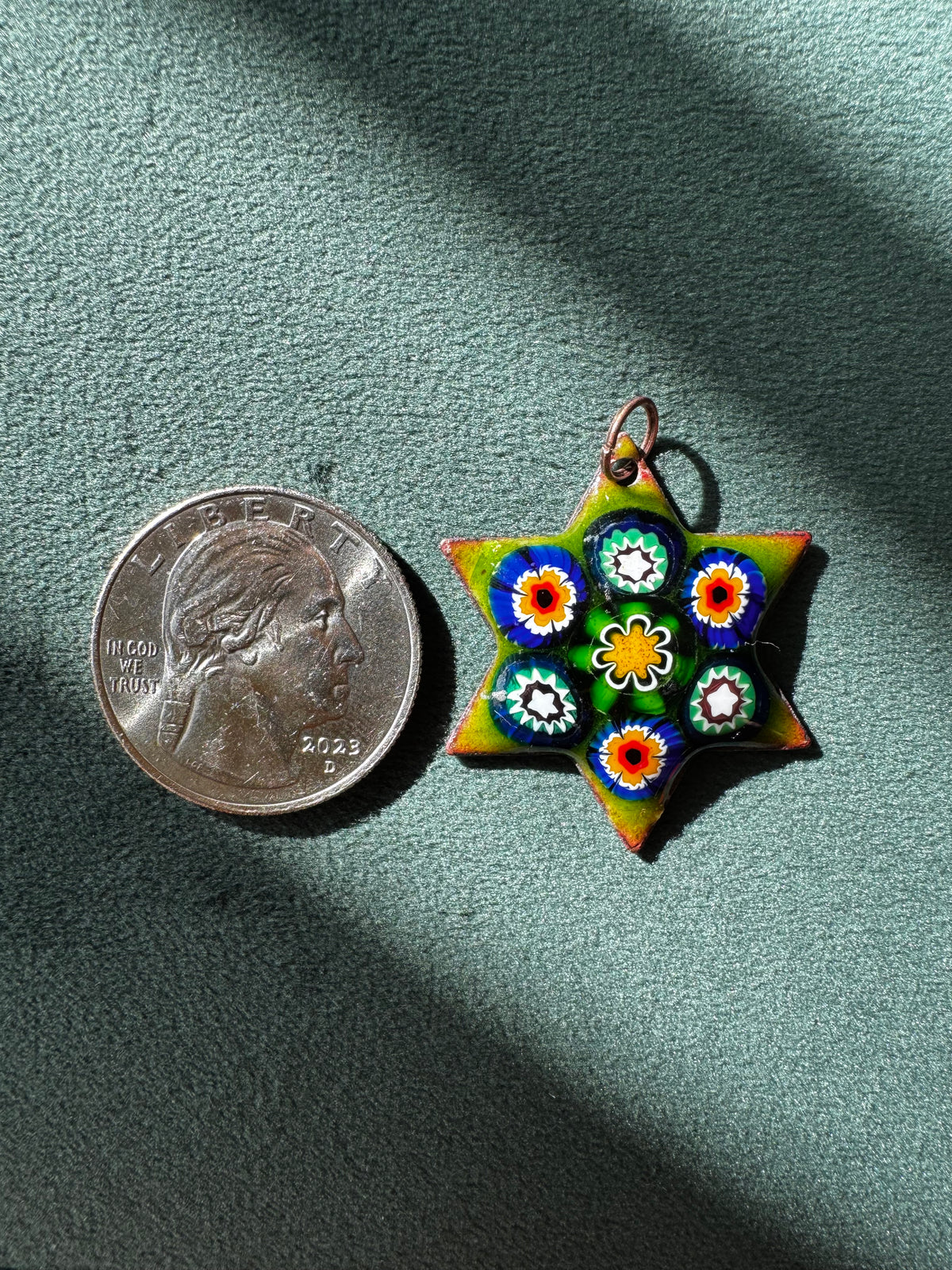 Vintage Millefiori Glass Star of David Pendant Enamel on Copper Seven Glass Flowers in Chartreuse Green Judaica