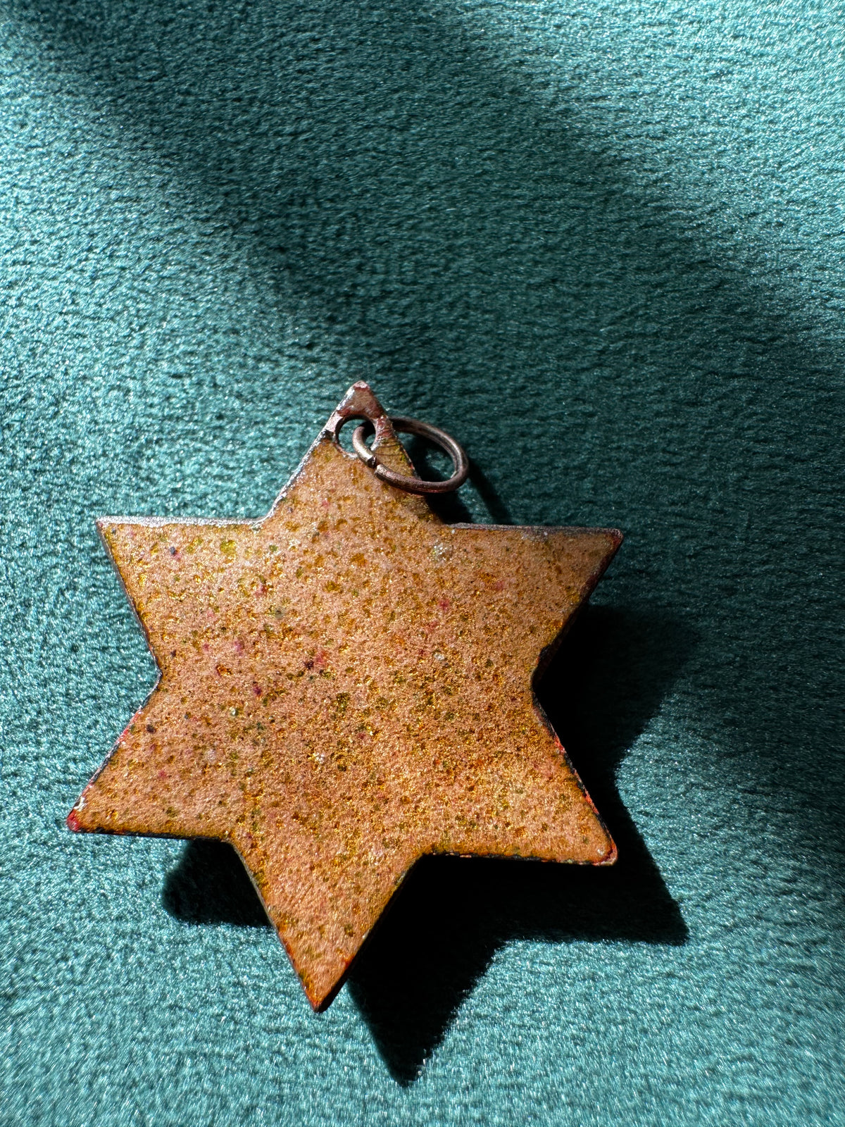 Vintage Millefiori Glass Star of David Pendant Enamel on Copper Seven Glass Flowers in Chartreuse Green Judaica