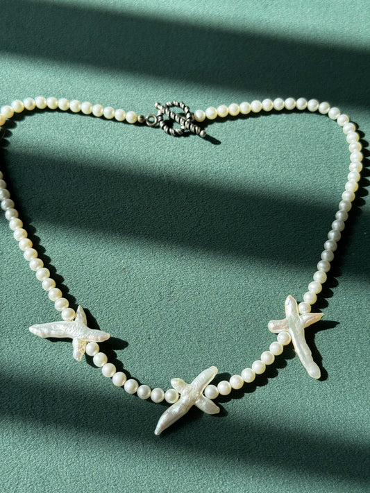 Estate Freshwater Pearl Necklace XO Baroque Pearl Accents Sterling Silver Toggle Clasp
