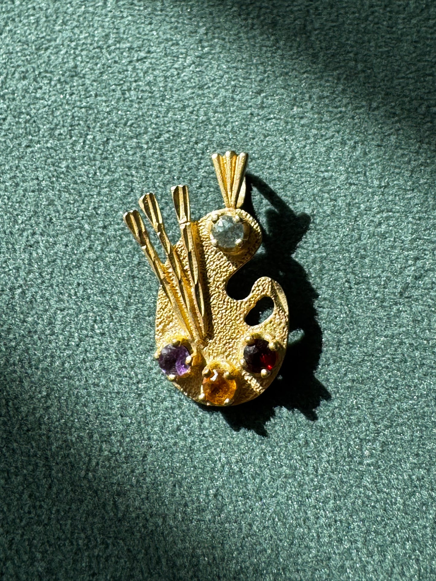 Estate 14K Yellow Gold Painter's Palette Pendant Charm Diamond Garnet Citrine Amethyst Four Gemstone Artist Jewelry