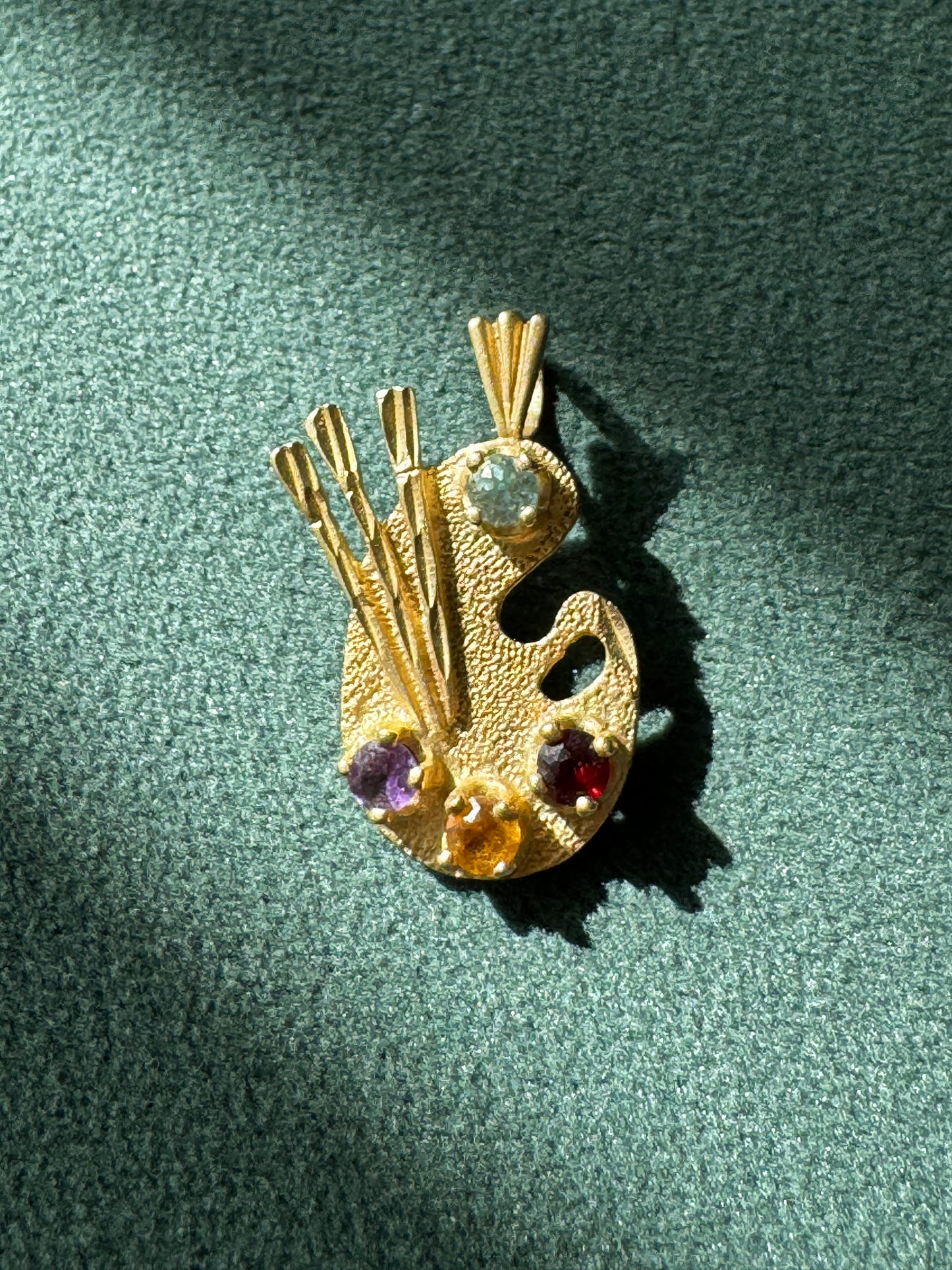 Estate 14K Yellow Gold Painter's Palette Pendant Charm Diamond Garnet Citrine Amethyst Four Gemstone Artist Jewelry