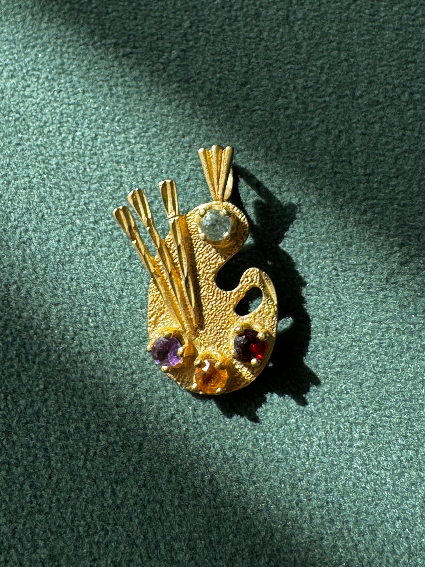 Estate 14K Yellow Gold Painter's Palette Pendant Charm Diamond Garnet Citrine Amethyst Four Gemstone Artist Jewelry
