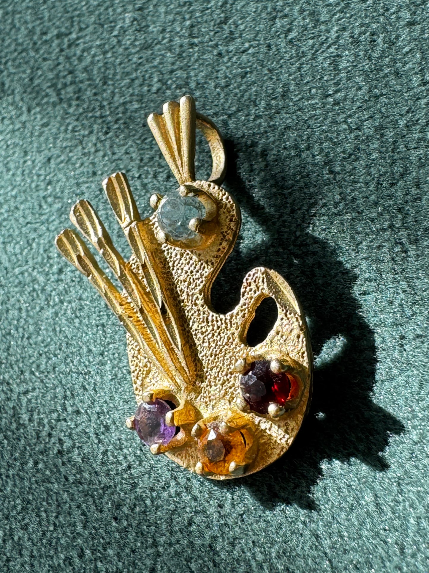 Estate 14K Yellow Gold Painter's Palette Pendant Charm Diamond Garnet Citrine Amethyst Four Gemstone Artist Jewelry