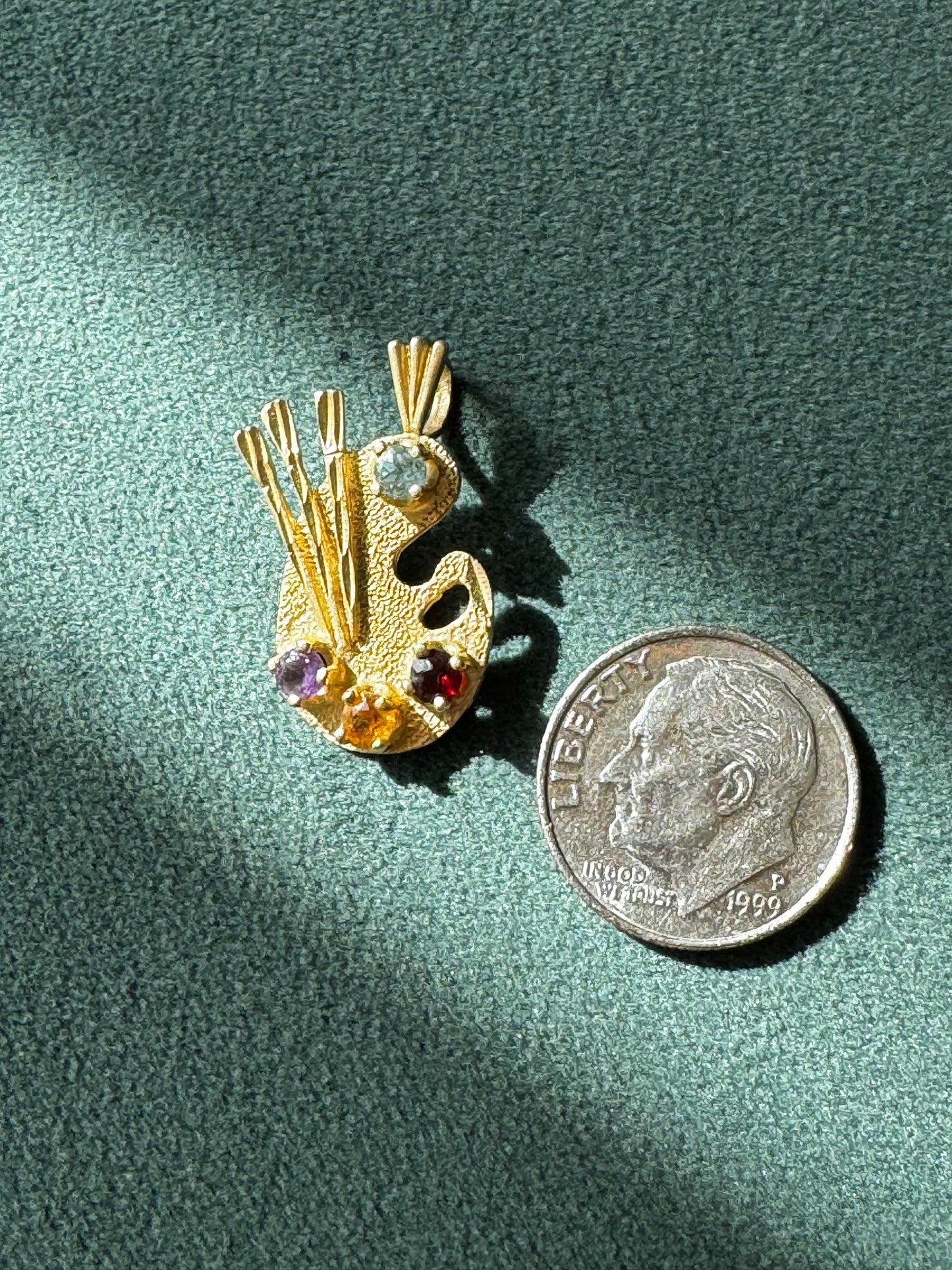 Estate 14K Yellow Gold Painter's Palette Pendant Charm Diamond Garnet Citrine Amethyst Four Gemstone Artist Jewelry
