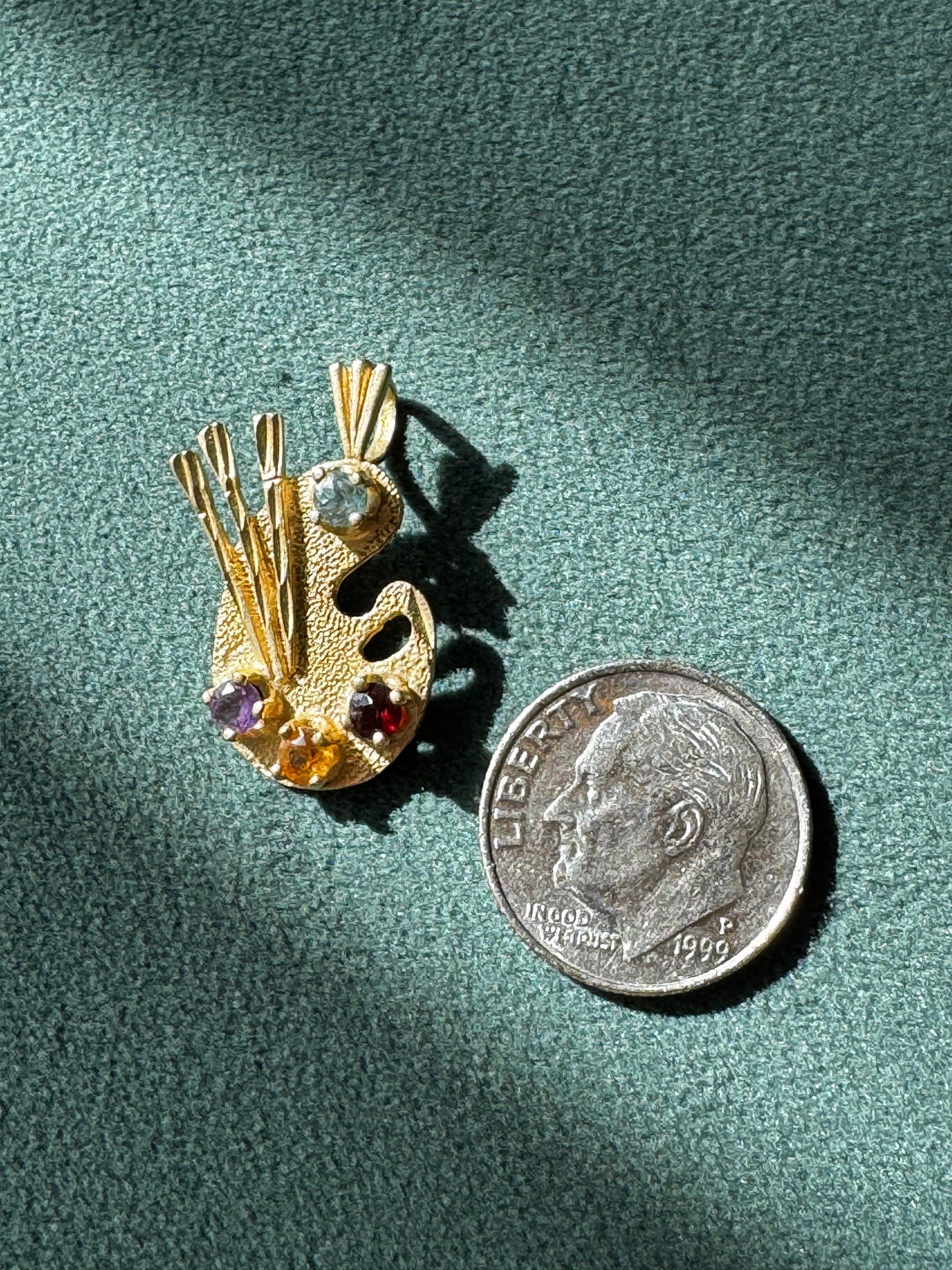 Estate 14K Yellow Gold Painter's Palette Pendant Charm Diamond Garnet Citrine Amethyst Four Gemstone Artist Jewelry