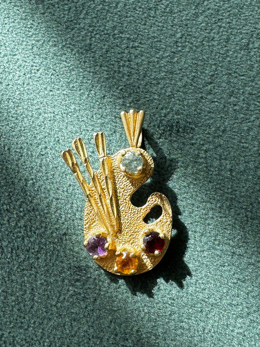 Estate 14K Yellow Gold Painter's Palette Pendant Charm Diamond Garnet Citrine Amethyst Four Gemstone Artist Jewelry