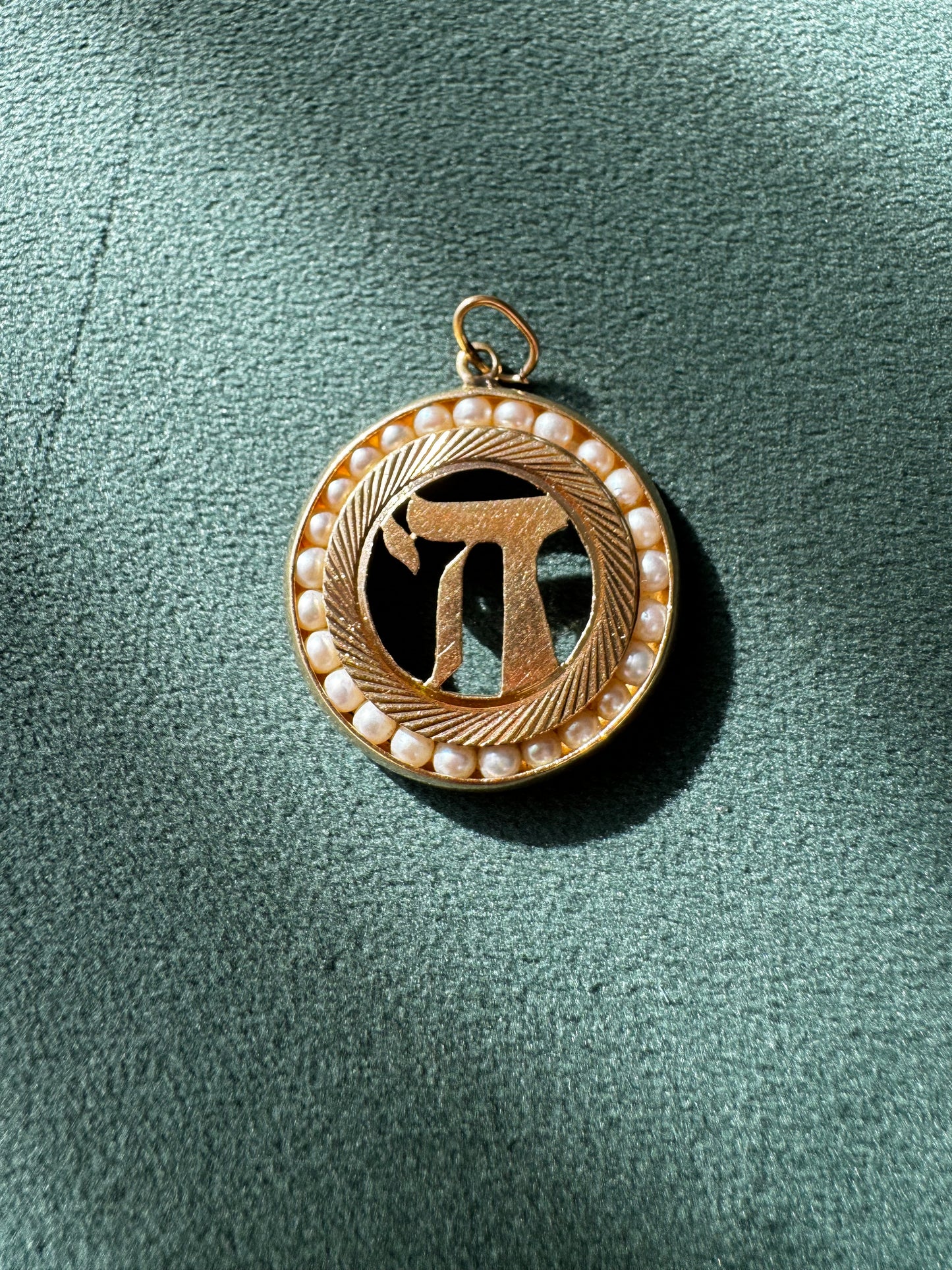 Estate Vintage 1950s 14K Yellow Gold Chai Life Pendant Seed Pearl Frame Custom Judaica One of a Kind