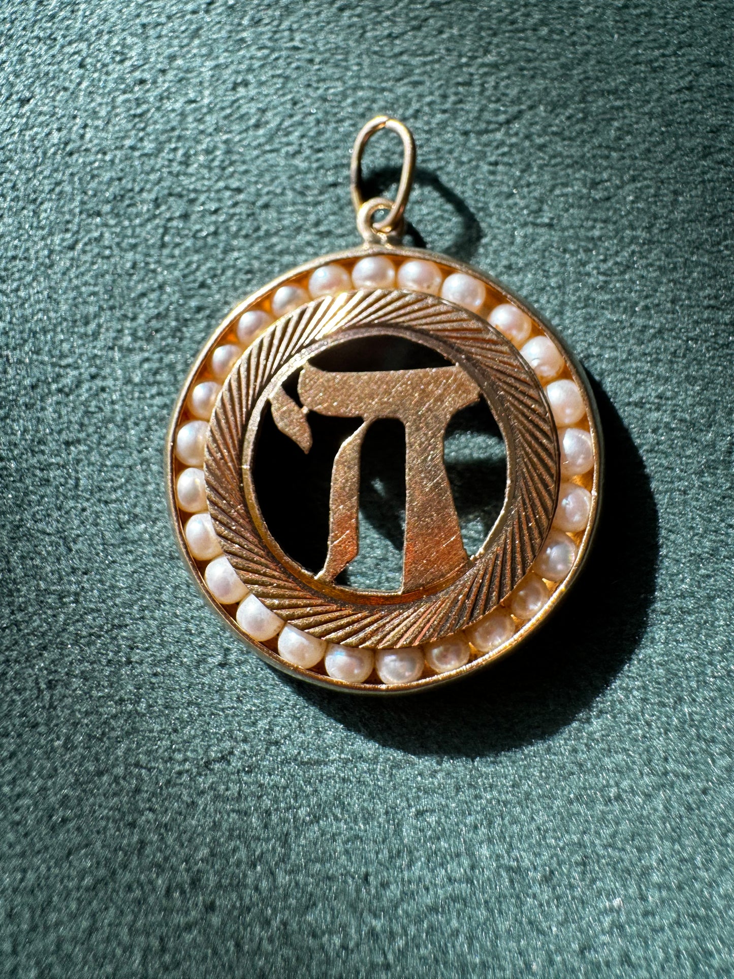 Estate Vintage 1950s 14K Yellow Gold Chai Life Pendant Seed Pearl Frame Custom Judaica One of a Kind
