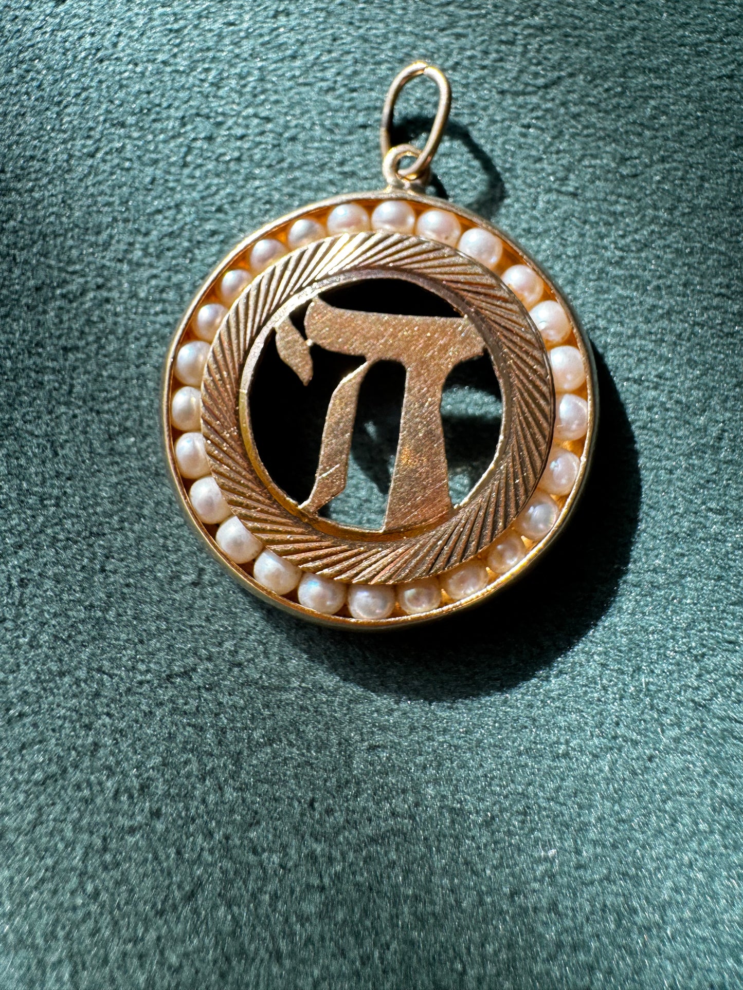 Estate Vintage 1950s 14K Yellow Gold Chai Life Pendant Seed Pearl Frame Custom Judaica One of a Kind