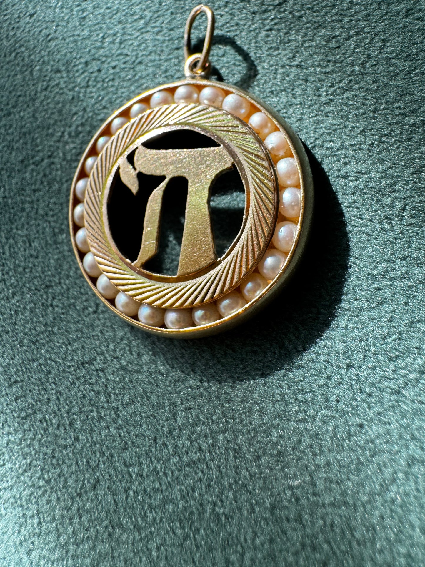 Estate Vintage 1950s 14K Yellow Gold Chai Life Pendant Seed Pearl Frame Custom Judaica One of a Kind