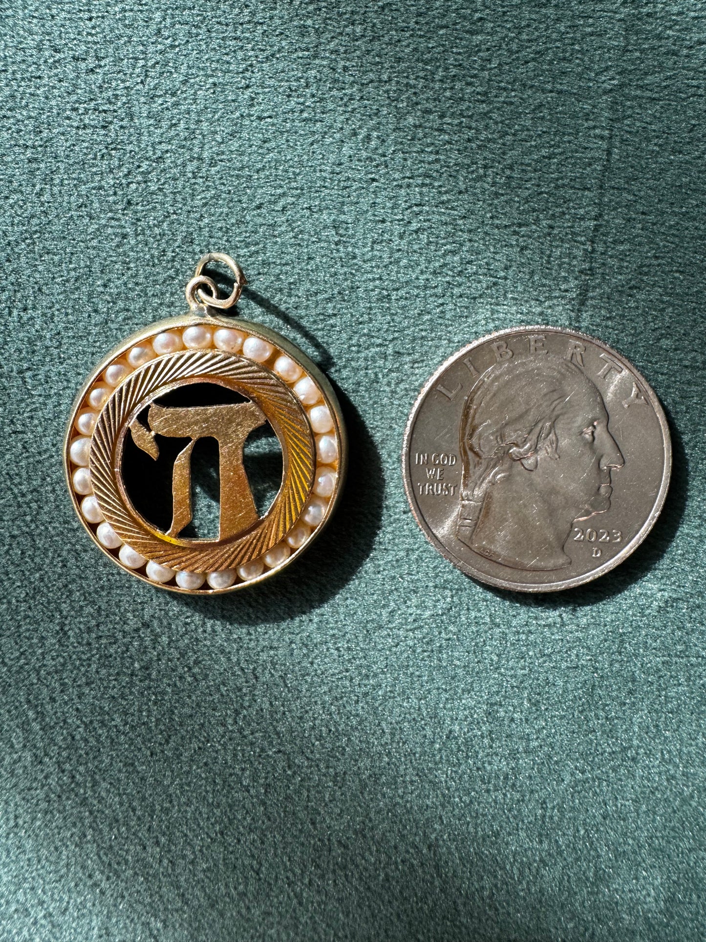 Estate Vintage 1950s 14K Yellow Gold Chai Life Pendant Seed Pearl Frame Custom Judaica One of a Kind