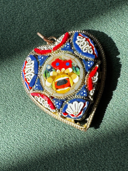Vintage Italian Micro Mosaic Heart Pendant Charm Millefiori Glass Multicolor Floral Italy 1930s 1940s