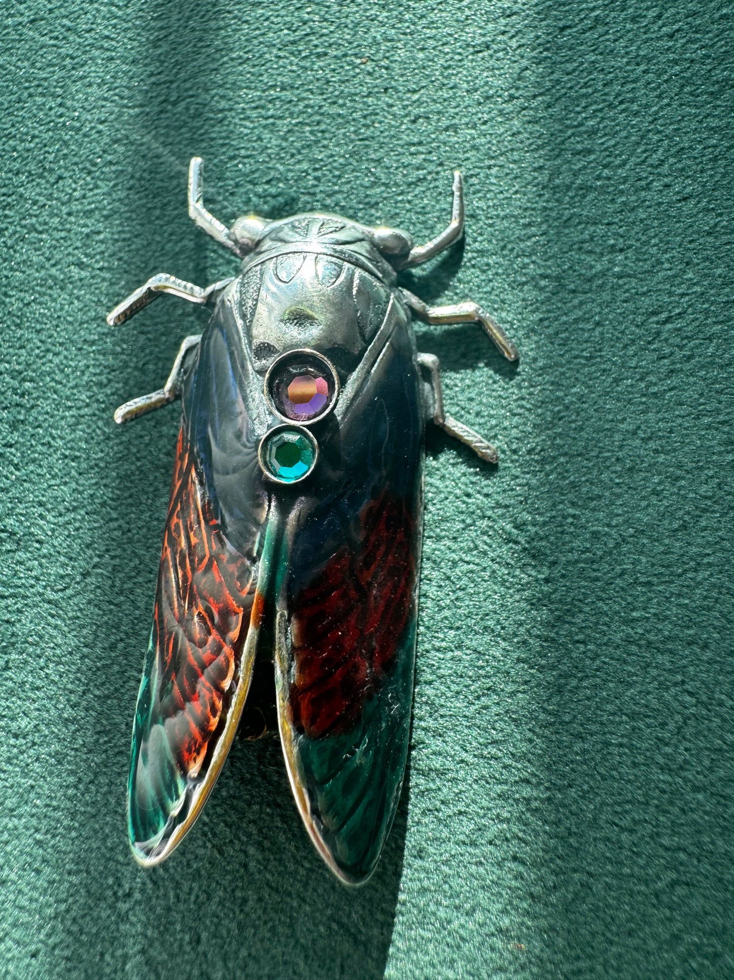 Vintage Cicada Brooch Figural Insect Pin Amethyst and Green Rhinestone Accents Bug Jewelry