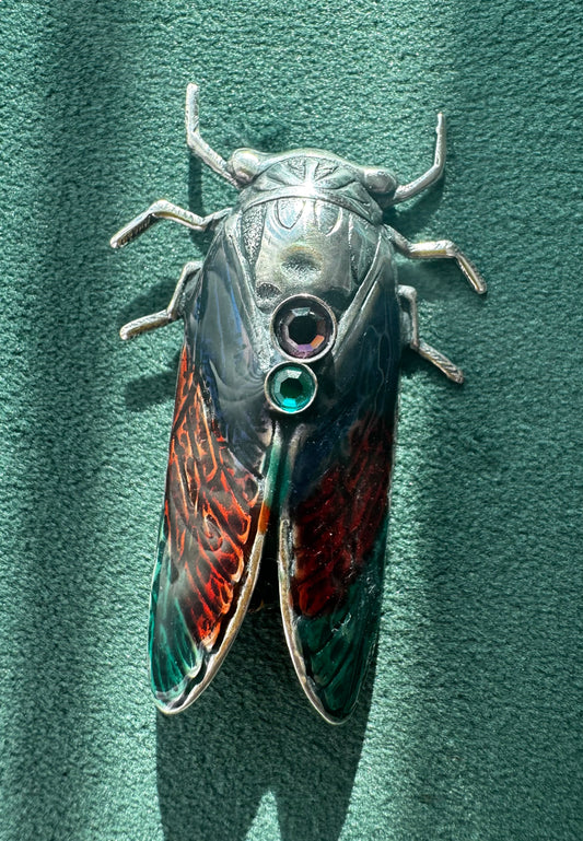 Estate Vintage Sterling Silver Cicada Brooch Figural Insect Pin Rhinestone Eyes Bug Jewelry