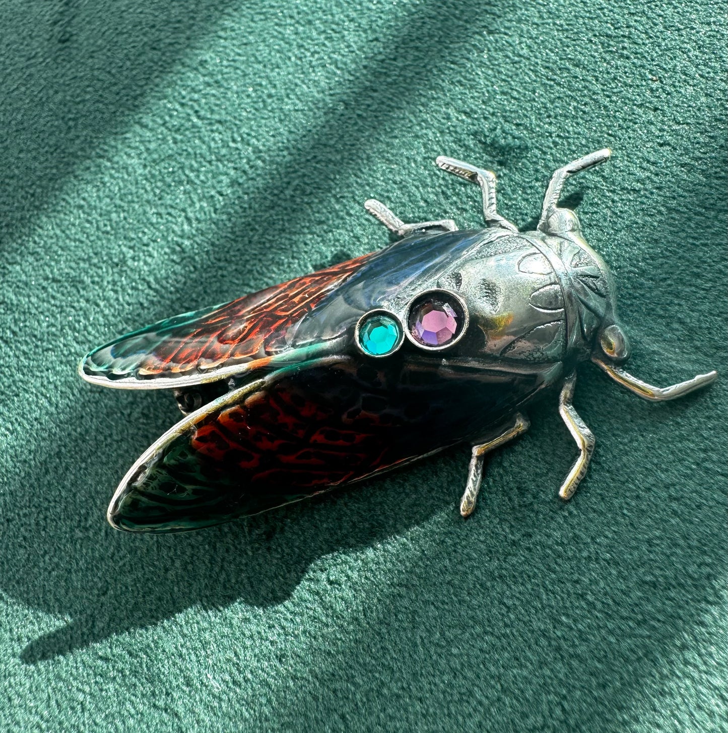Vintage Cicada Brooch Figural Insect Pin Amethyst and Green Rhinestone Accents Bug Jewelry