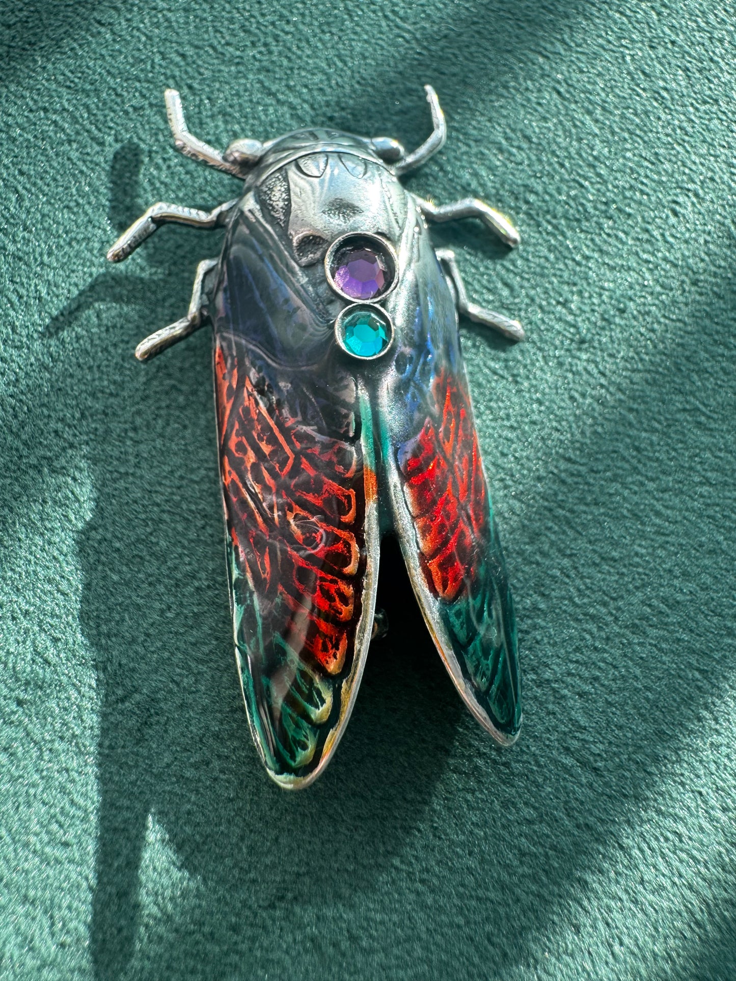 Vintage Cicada Brooch Figural Insect Pin Amethyst and Green Rhinestone Accents Bug Jewelry