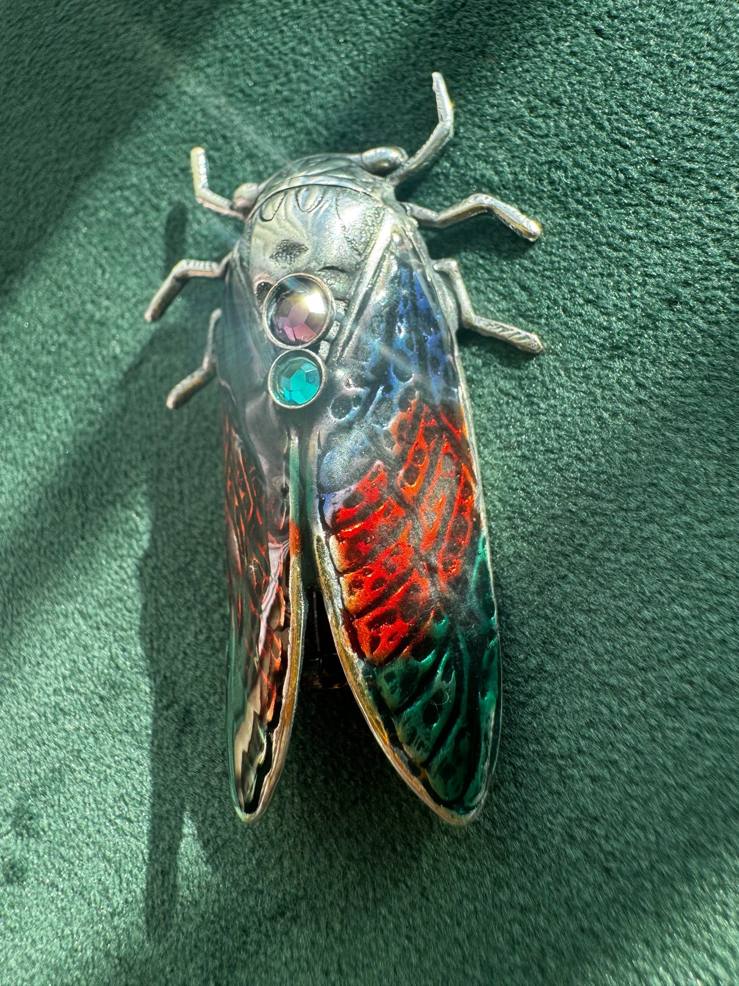 Vintage Cicada Brooch Figural Insect Pin Amethyst and Green Rhinestone Accents Bug Jewelry