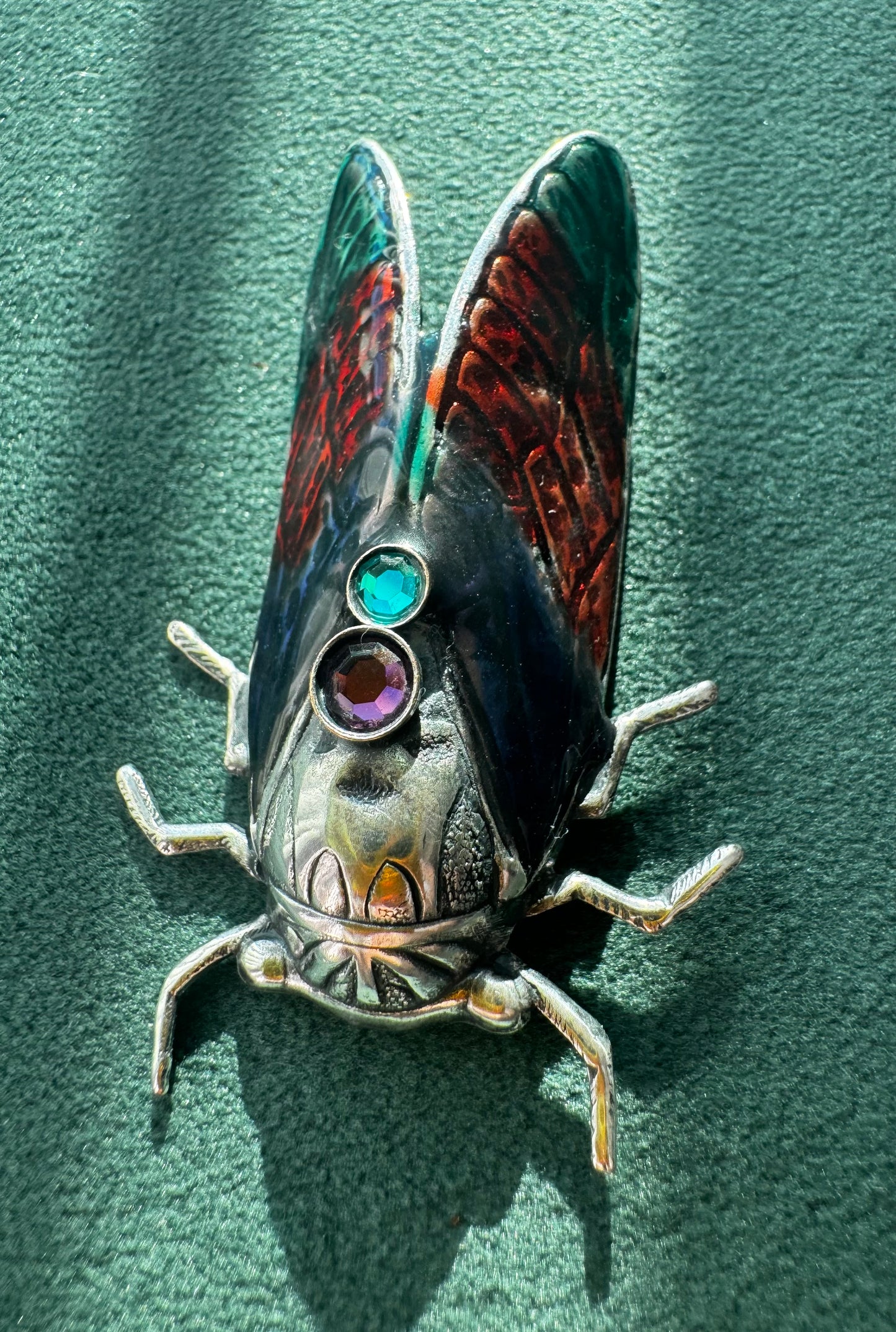 Vintage Cicada Brooch Figural Insect Pin Amethyst and Green Rhinestone Accents Bug Jewelry
