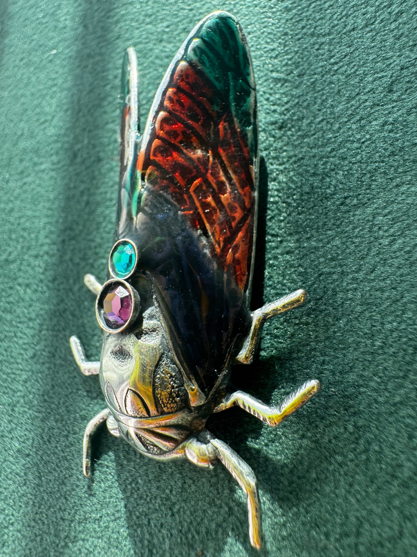 Vintage Cicada Brooch Figural Insect Pin Amethyst and Green Rhinestone Accents Bug Jewelry