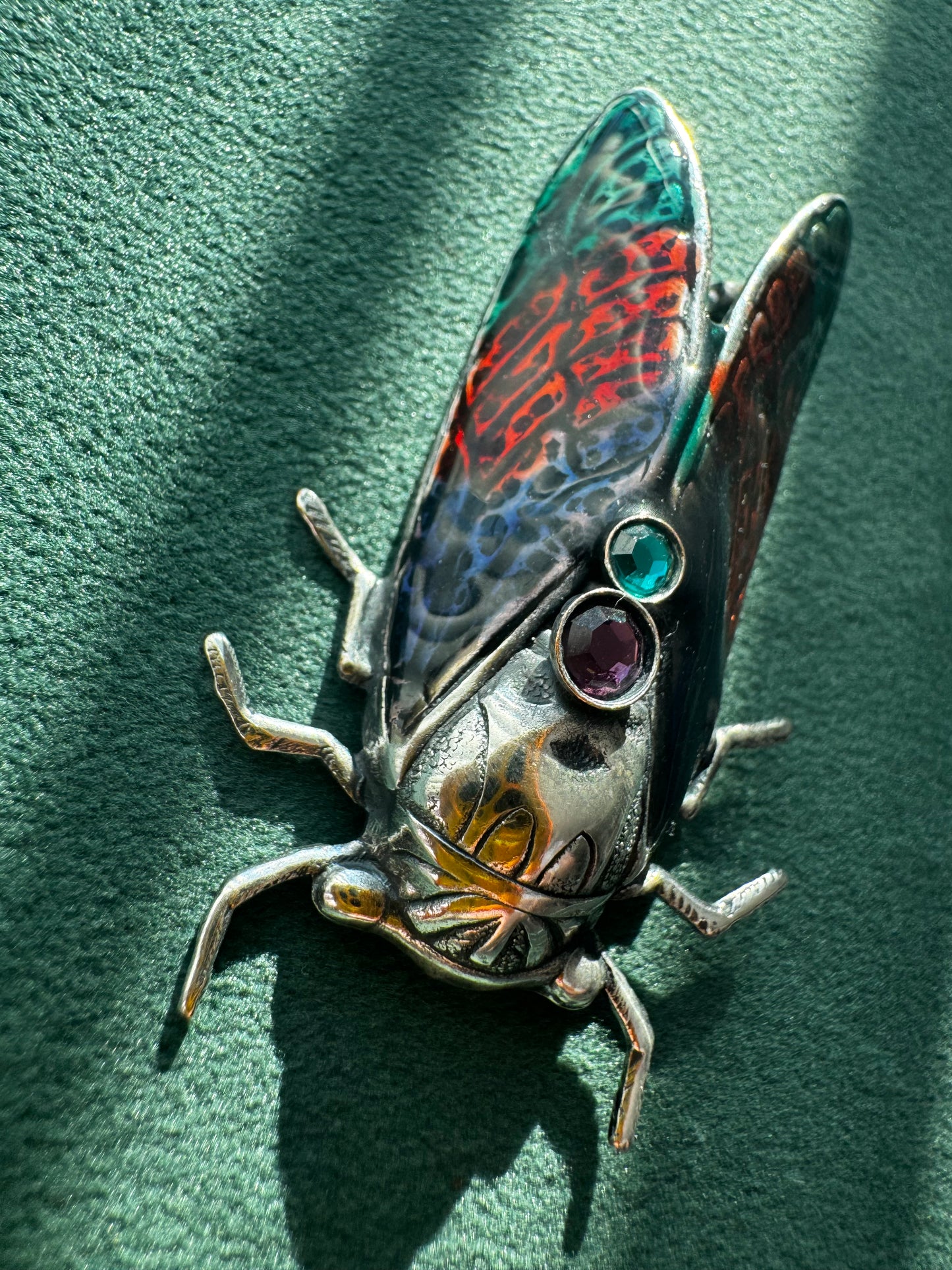 Vintage Cicada Brooch Figural Insect Pin Amethyst and Green Rhinestone Accents Bug Jewelry