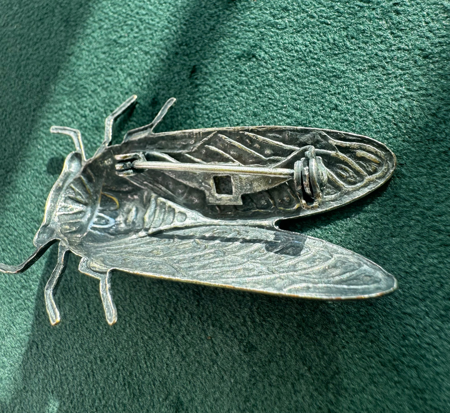 Vintage Cicada Brooch Figural Insect Pin Amethyst and Green Rhinestone Accents Bug Jewelry