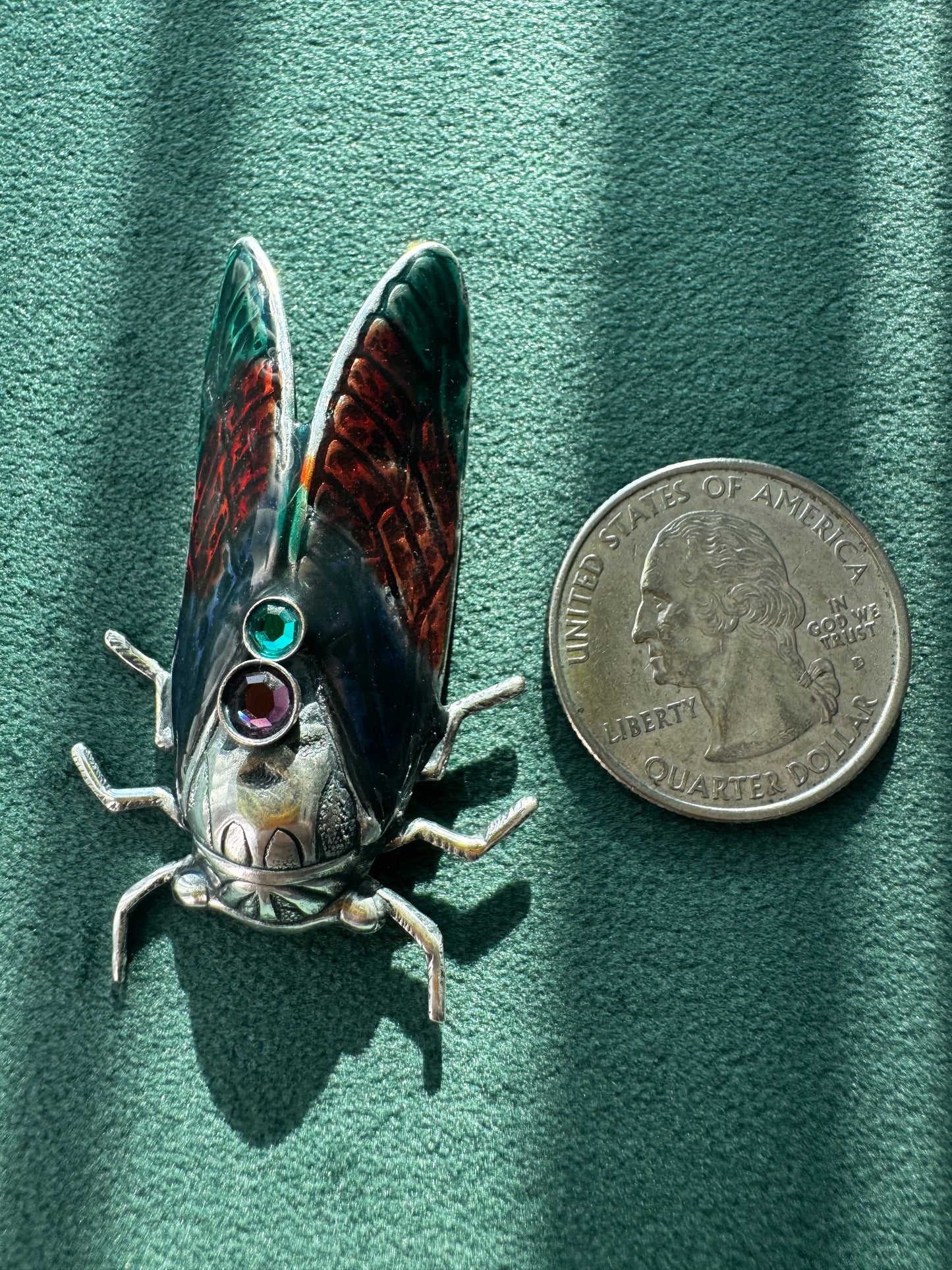 Vintage Cicada Brooch Figural Insect Pin Amethyst and Green Rhinestone Accents Bug Jewelry