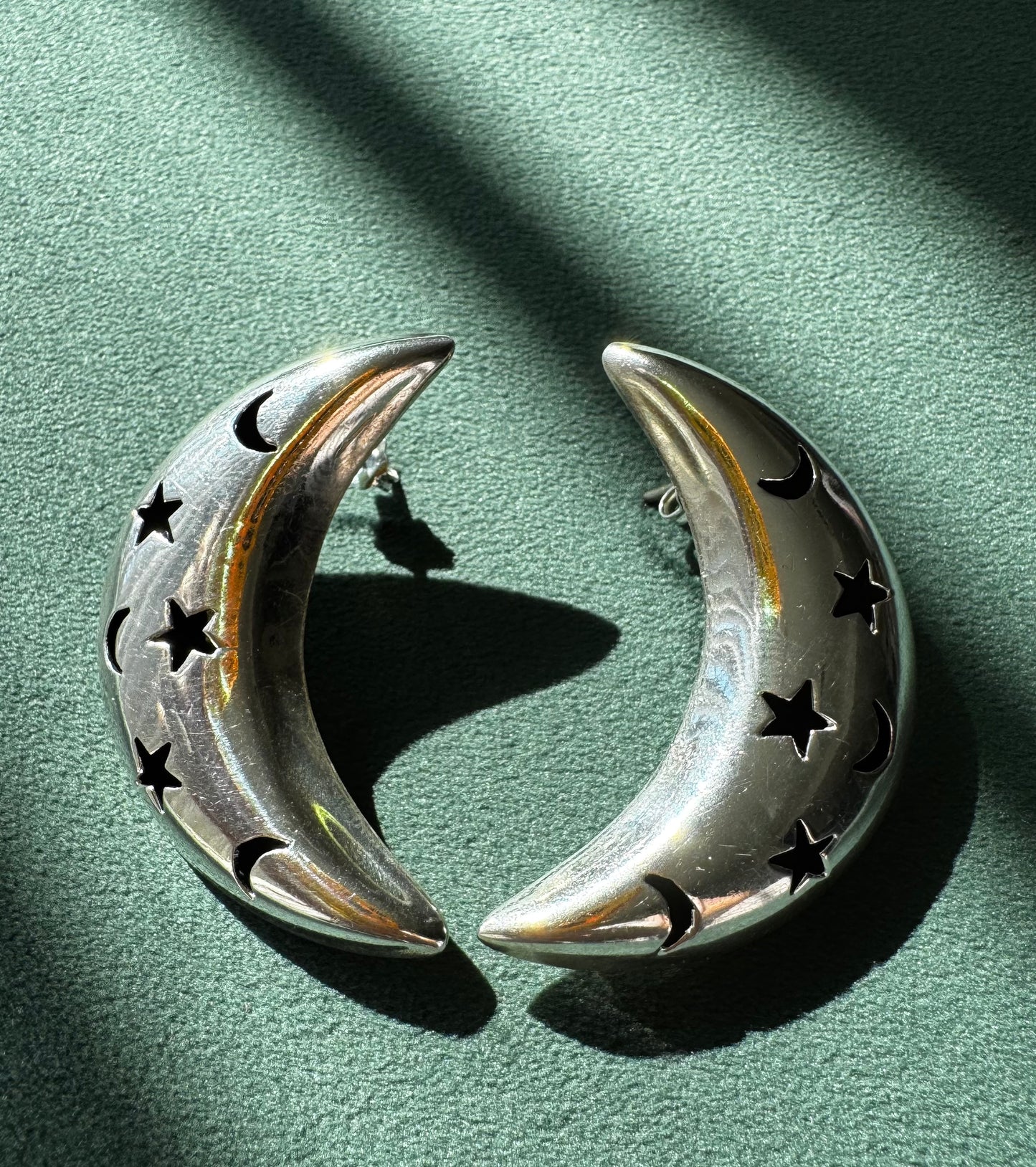 Vintage Mexico Sterling Silver Crescent Moon Earrings Y2K Stars and Moons Cutout the Night Sky on Your Ears TC-244 925