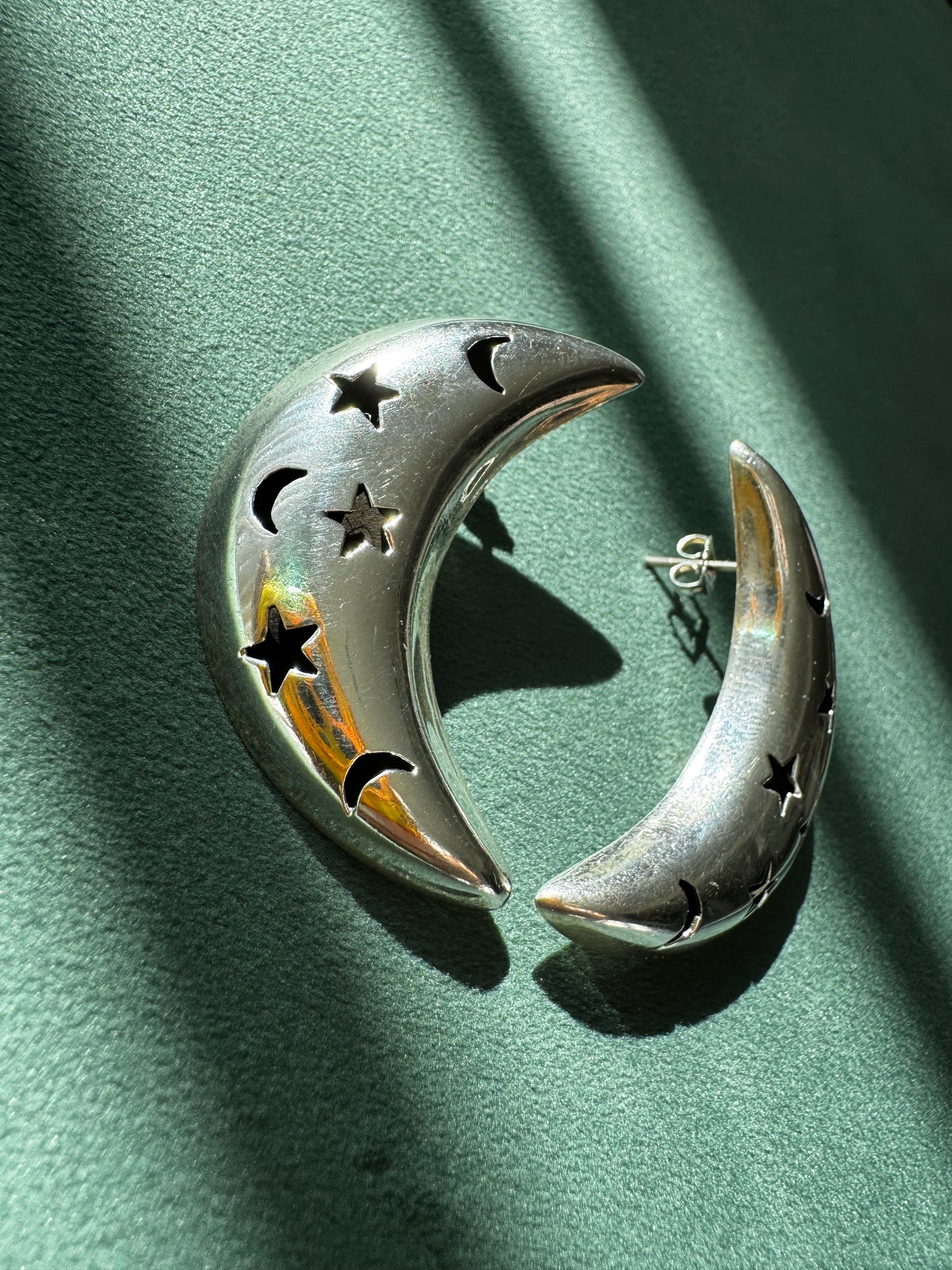 Vintage Mexico Sterling Silver Crescent Moon Earrings Y2K Stars and Moons Cutout the Night Sky on Your Ears TC-244 925