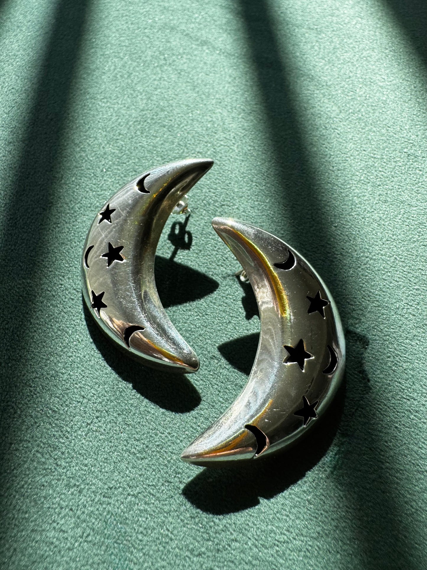 Vintage Mexico Sterling Silver Crescent Moon Earrings Y2K Stars and Moons Cutout the Night Sky on Your Ears TC-244 925