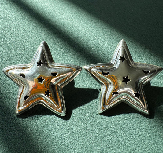 Vintage Mexico Sterling Silver Puffy Star Earrings Y2K Stars and Moons Cutout You Are the Main Character TG-205 925