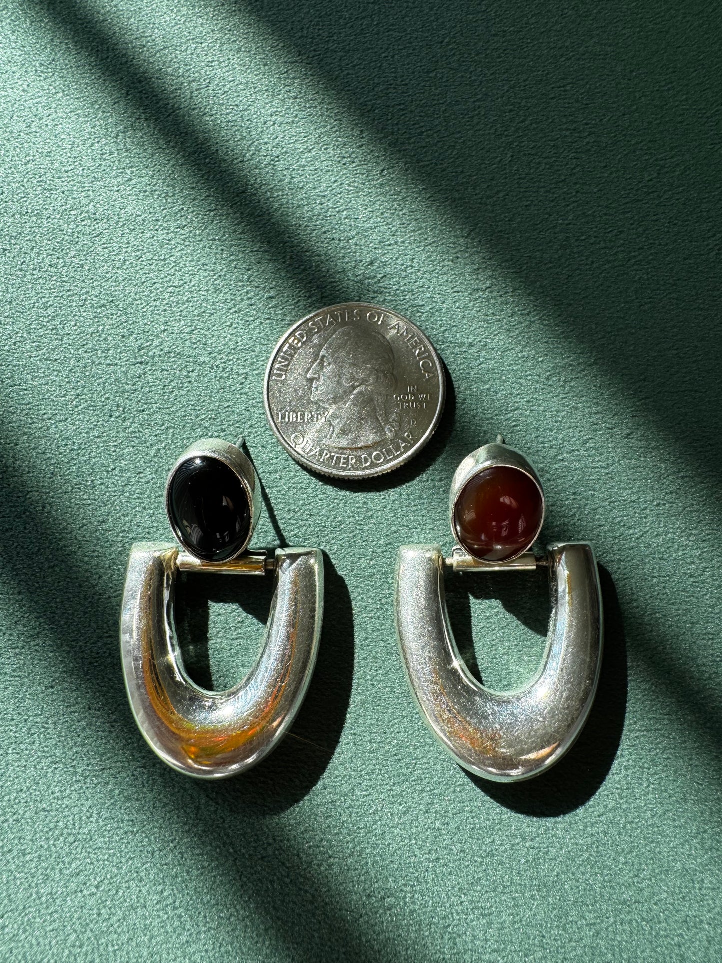 Vintage Taxco Mexico Sterling Silver Asymmetric Carnelian and Onyx Dangle Earrings Y2K Two Stones Better Than One TM-19 925