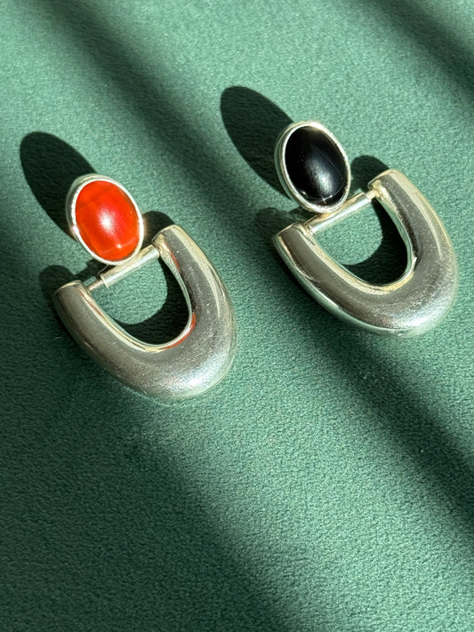Vintage Taxco Mexico Sterling Silver Asymmetric Carnelian and Onyx Dangle Earrings Y2K Two Stones Better Than One TM-19 925
