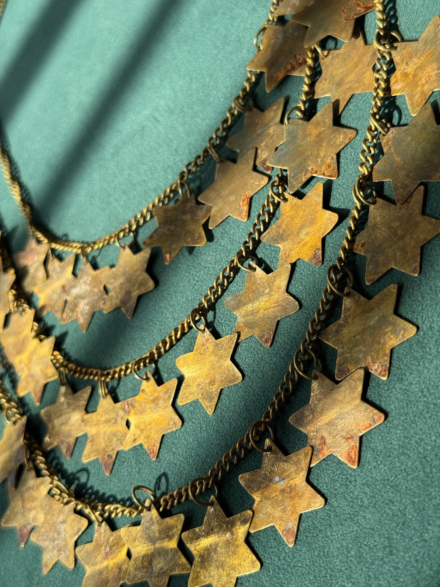 Vintage Brass Star of David Three Strand Bib Necklace Judaica Statement Magen David Graduating Chains 21 Inches